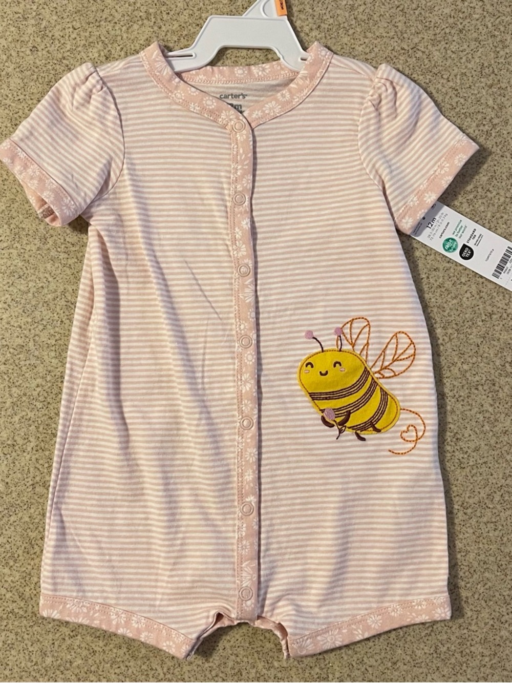 Carter's Pink Striped Romper with Yellow Bee Applique